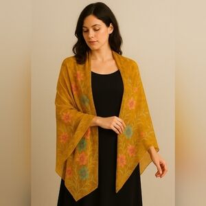 Vintage Chiffon Textile – Golden Floral Elegance